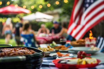 People eating barbecue in the garden, celebrating 4th July, Independence day