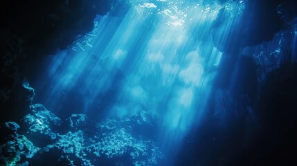 Fototapeta premium ethereal beauty of an underwater sea illuminated by shimmering blue sunlight, the serenity and mystique of the ocean depths