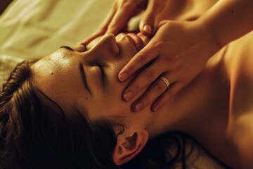Professional masseuse giving a facial massage at specialist salon.