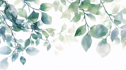 Watercolor illustration tree green leaves on a white background from a bottom of page.  Fresh spring, gentle colors.