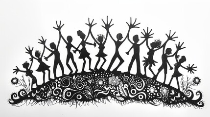 A group of people are dancing and having fun. They are all different shapes and sizes.