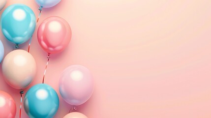 A vibrant composition of pastel-colored balloons against a soft pink background.