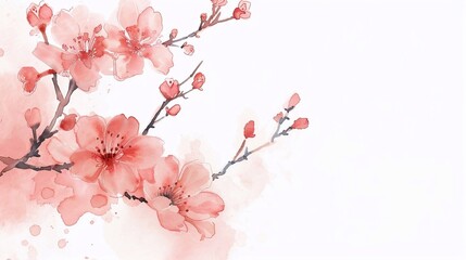 Cherry sakura blossom watercolor illustration. Frame border empty copy space white background. Spring time new beginnings. 