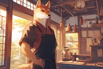 anime style illustration, dog chef is cooking