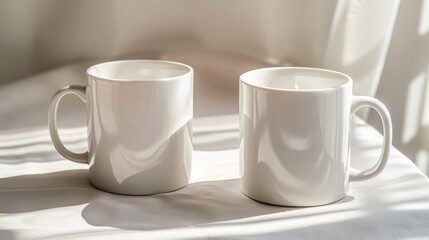 Simple elegance captured in a close-up of two white ceramic mugs bathed in soft natural light on a gently textured tablecloth