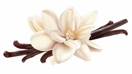 Elegant illustration of a white magnolia flower paired with dark brown vanilla pods on a clear background.