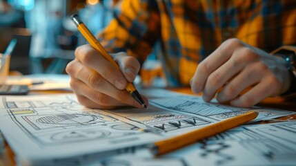 A man wearing a plaid shirt is drawing with a pencil on a piece of paper.