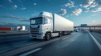 White truck driving on expressway, concept of logistics and delivery.