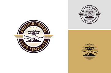 Vintage Plane with Mountain and Sky for Classic Aviation Aircraft Airline Airplane Flight Emblem Badge Retro Label Logo Design