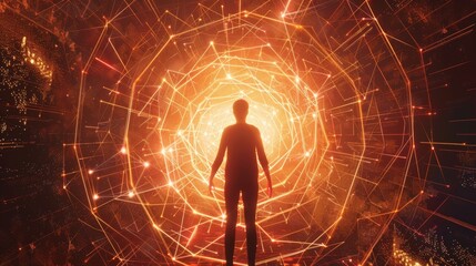 A person is encircled by an intricate geometric pattern of light illustrating their fortified immune system..