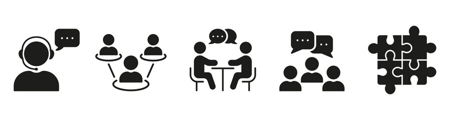 Obraz premium Work Conference Silhouette Icon Set. Corporate Meeting Symbol Collection. Management And Teamwork At Job Glyph Pictogram. Group Discussion Sign. Isolated Vector Illustration