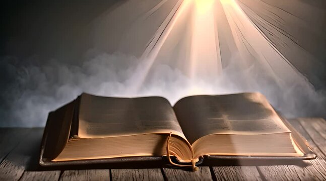 A Powerful Visual Capturing the Essence of Faith and Spirituality, with a Close-Up of an Aged Holy Bible Placed Against a Dark and Foggy Background
