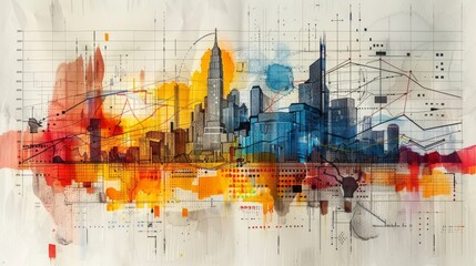 A watercolor painting of a city skyline with a grid of lines and graphs overlaid on top.