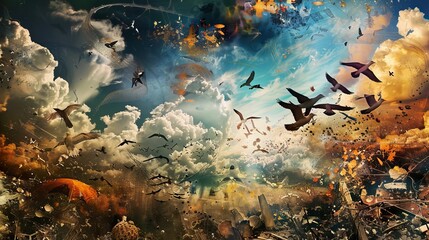 Stunning artwork portraying birds in flight amid a surreal shattered landscape during sunset