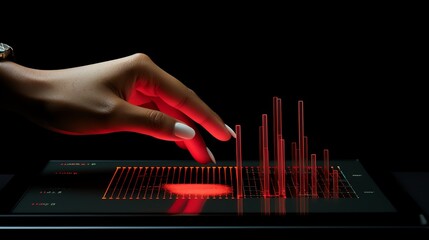 A woman's hand is touching a glowing red equalizer.