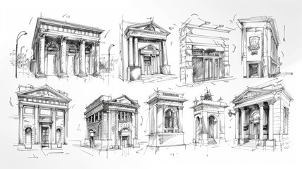 A set of hand-drawn building facades in a classical style.