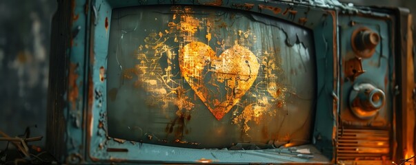A nostalgic artwork of a heart in gold inside an old digital television screen