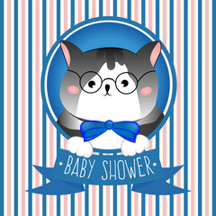 Baby shower with blue and white strips and little cat, kitten. Design for boy party.