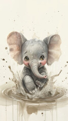 Baby elephant playing in water puddle, splashing joyfully. Generative AI