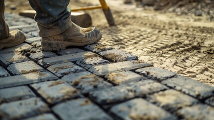 Close-up of a worker's boots on newly laid cobblestone pavement with sand and tools nearby.