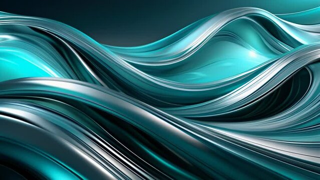 Undulating metallic turquoise ribbons flow and curve in smooth, sinuous lines, creating a mesmerizing abstract pattern that suggests fluid motion, dynamic energy and futuristic elegance.