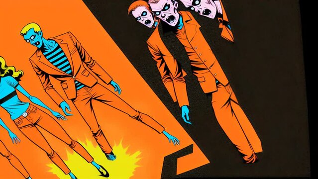 Generative ai motion animation of cartoon zombie superheroes. Digital image painted vintage retro illustration for Halloween backdrop 