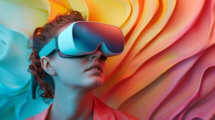 A woman wearing a VR headset with a colorful background.