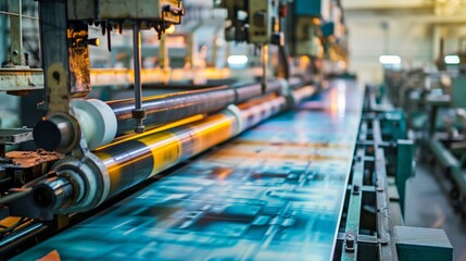 Industrial printing press machine in operation, printing large rolls of paper in vibrant colors.