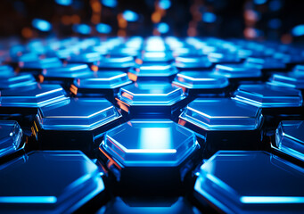 Cinematic Neon Blue Hexagonal Pattern Luxury Background with Glowing Lights, Futuristic 3D Rendering