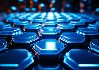 Fototapeta premium Cinematic Neon Blue Hexagonal Pattern Luxury Background with Glowing Lights, Futuristic 3D Rendering