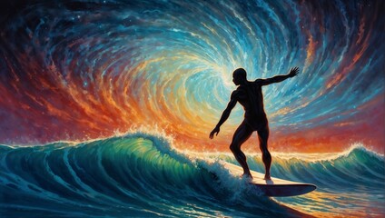 Naklejka premium A shimmering figure glides gracefully on the pulsating waves of a bioluminescent ethereal pulsar