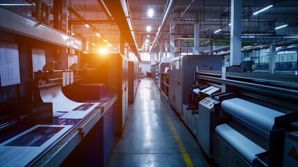 Modern printing facility with large printing machines and illuminated by overhead lights.