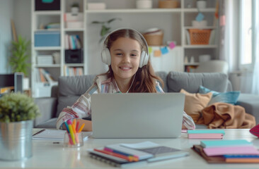 A young girl wearing headphones is sitting at her laptop, smiling as she studies online in the living room of an apartment