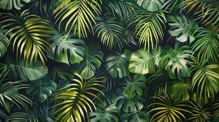 A mix of tropical palm leaves in varying sizes and shades of green creates a dynamic and eyecatching motif perfect for adding a touch of paradise to any space..