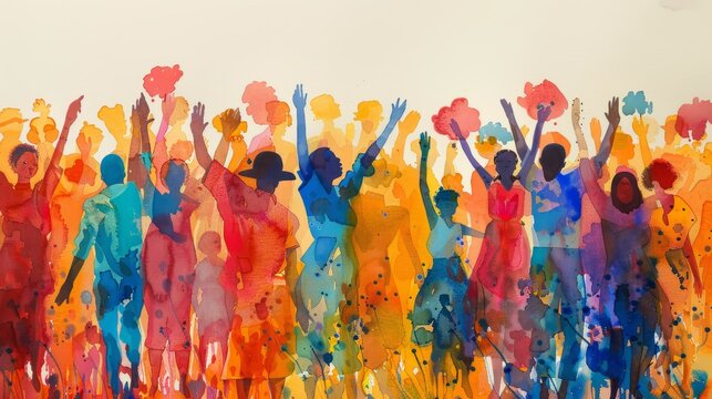 A watercolor painting of a crowd of people of various colors and ethnicities, all raising their hands in celebration.