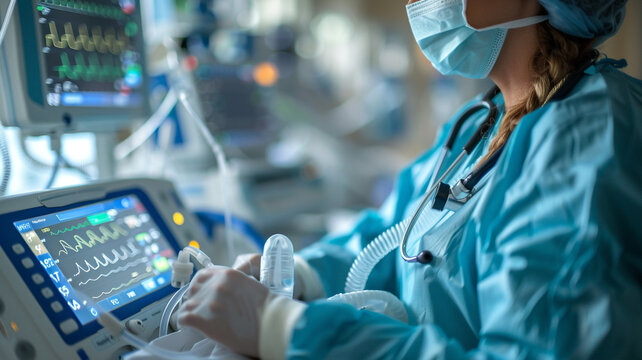 A nurse wearing a surgical mask and gloves operates a medical ventilator in an intensive care unit.