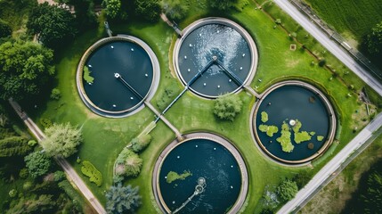 Aerial view of a water treatment facility with round settling tanks in a green landscape.