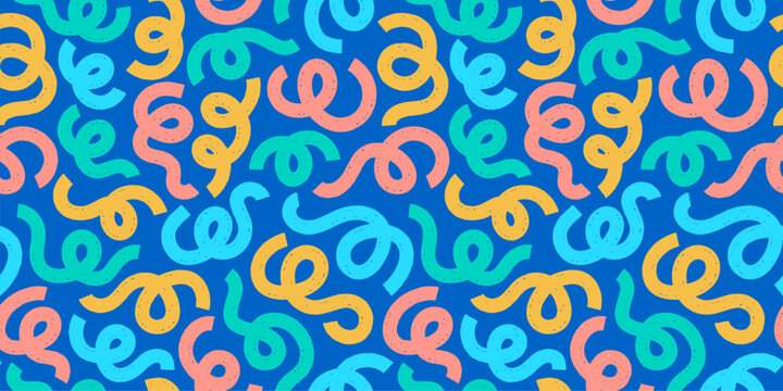 Vibrant party streamers seamless pattern. Colorful doodle swirls festive birthday background, a cheerful blue backdrop.