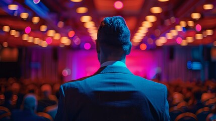 Obraz premium A man standing on a stage in front of a large audience.