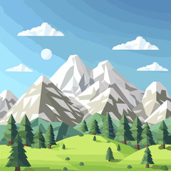 Low poly mountains landscape vector background. Polygonal shapes peaks with snow on top