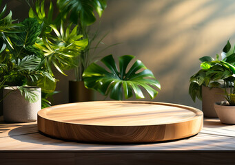 Obraz premium Modern Minimalist Round Wooden Podium Display Stand, Eco-Friendly Plant Decor, Product Photography Backdrop