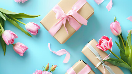 Gift boxes with beautiful tulips and pink roses