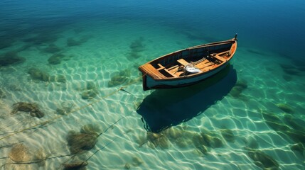 Obraz premium A fishing boat's shadow on the sea floor, clear water, surreal view,