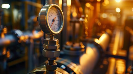 Close-up view of a pressure gauge in an industrial setting surrounded by warm-lit pipes and valves.
