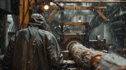 Fototapeta premium A worker in a raincoat oversees the handling of a log in a rainy, industrial setting.