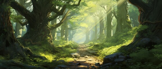 Quiet forest path lined with ancient trees, sunlight filtering through leaves, ideal for contemplation,