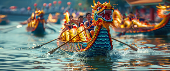 Vibrant Dragon Boat Festival scene with ornate dragon head leading rowers in competition, reflecting Chinese cultural heritage