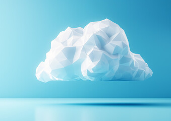 A 3D rendering of a white polygonal cloud on a blue background.