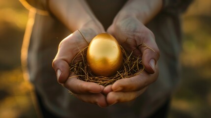 Close-up of hands holding a golden egg nestled in a small nest, symbolizing wealth and investment - Powered by Adobe