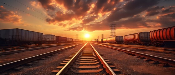 Panoramic view of an empty freight train yard, rows of tracks under a setting sun,